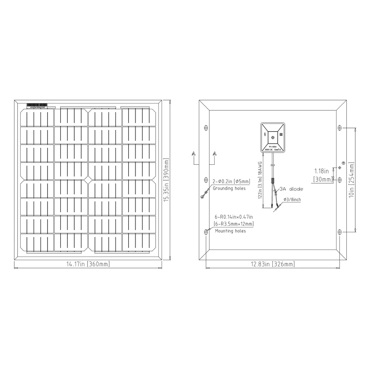 Elite 20W Solar Panel Kit for Gate Operators - 12V, dimensions