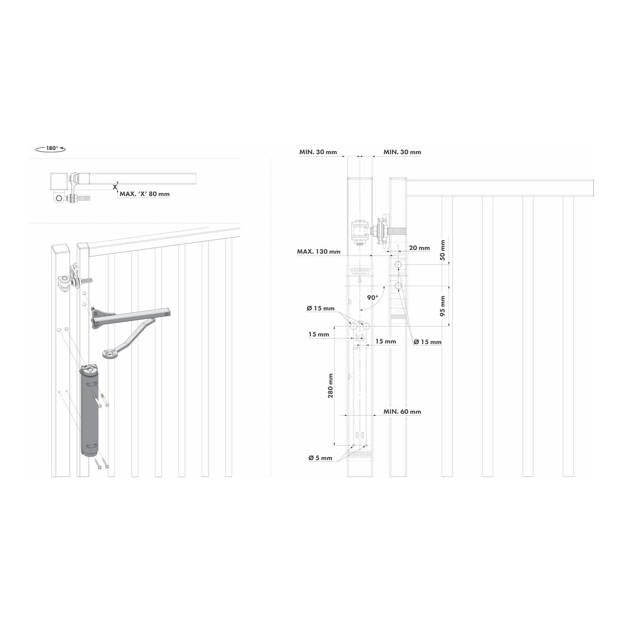 Locinox VERTICLOSE-2, 180 degrees installation dimensions