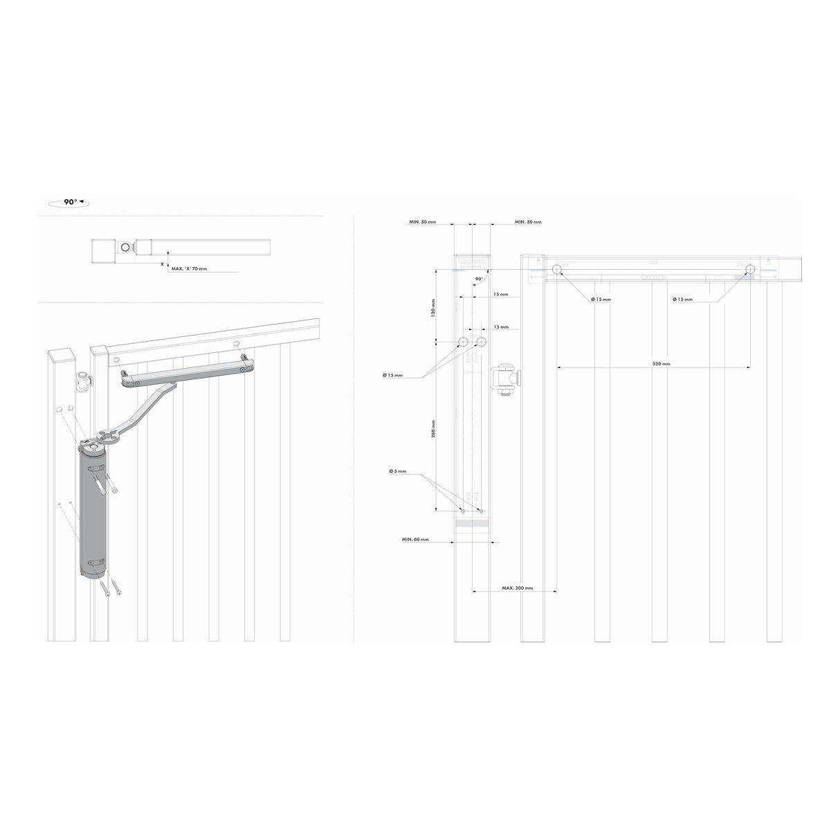 Locinox VERTICLOSE-2, 90 degrees installation dimensions