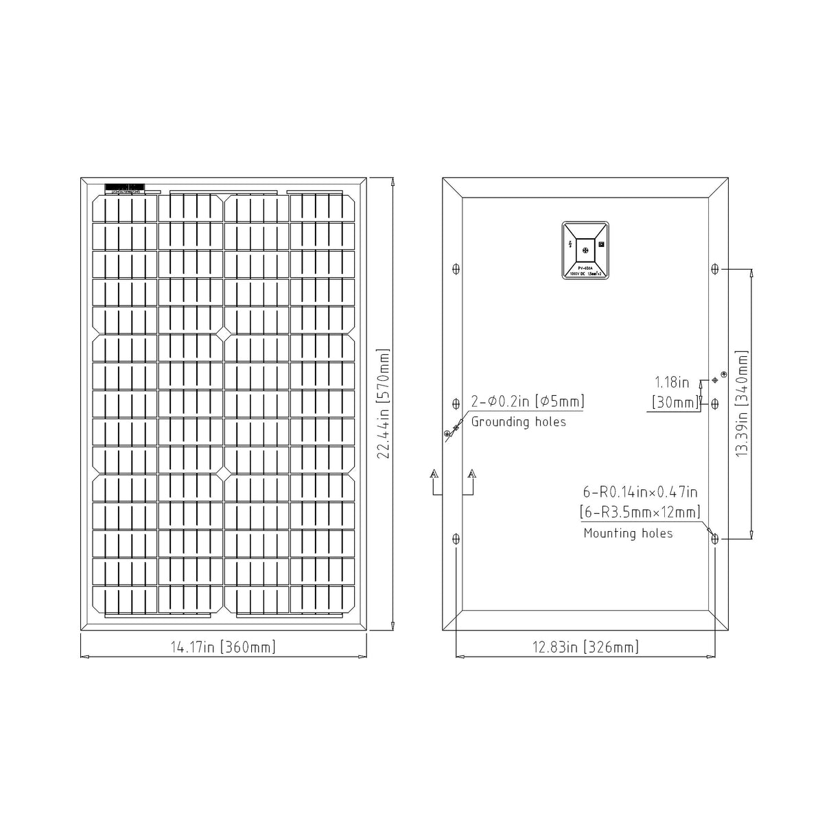 Elite 30-Watt 24 Volt Solar Panel for gate automation, dimensions