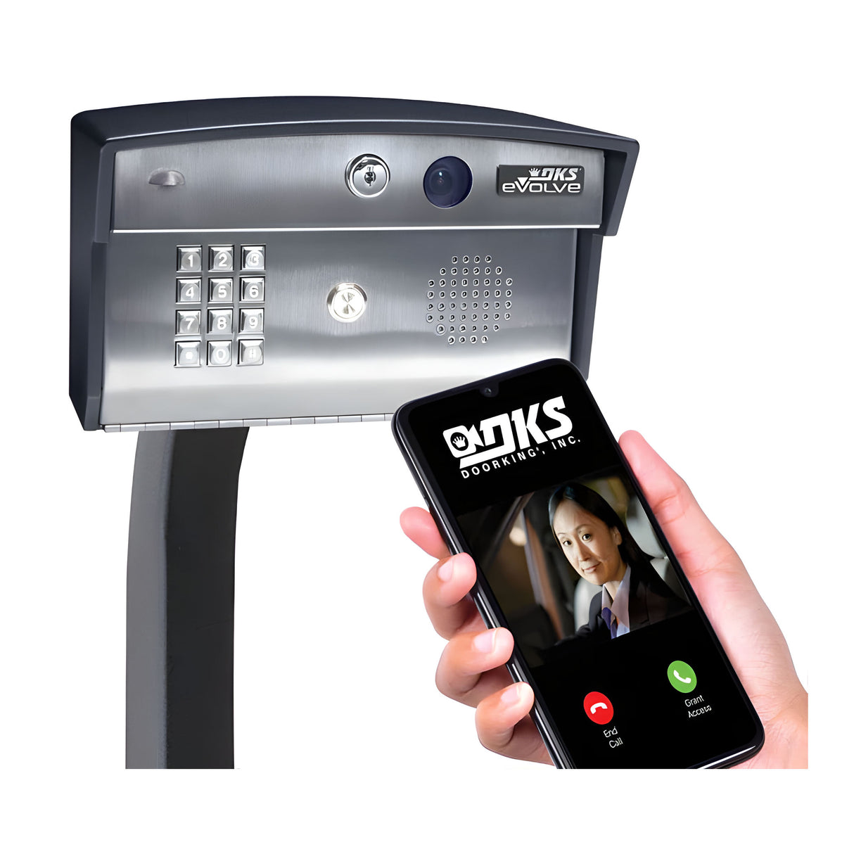 DoorKing 2112-082 eVolve Smart Intercom System, shown with an app