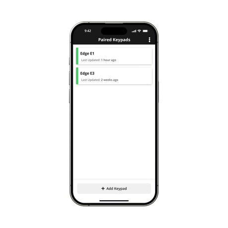 Security Brands Edge E1 Smart Keypad for Gates, showing app on a smartphone