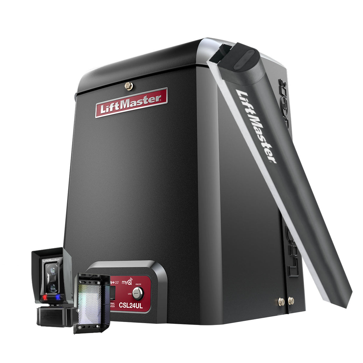 Liftmaster CSL24UL Slide Gate Opener shown with a safety edge and photoeye