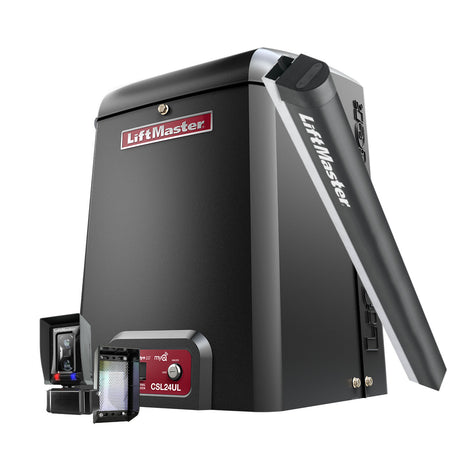Liftmaster CSL24UL Slide Gate Opener shown with a safety edge and photoeye