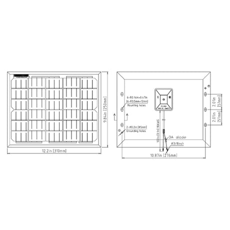 Elite 10W 12V Solar Panel for Gate Operators, dimensions