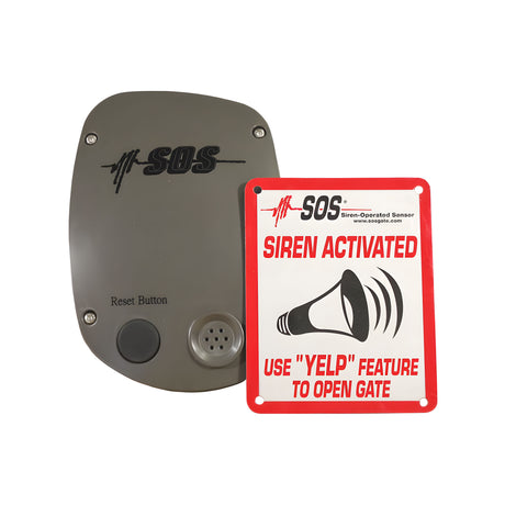 SOS - Siren Operated Sensor for Emergency Vehicle Gate Access, shown with its warning sign