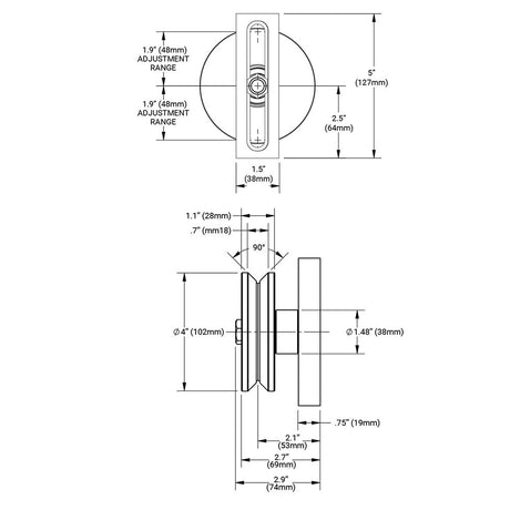D&D CI2240 Cantilever Gate Wheel 4" Dimensions