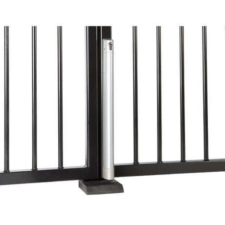Locinox ELECTRADROP Motorized Drop Bolt, shown on a gate, silver