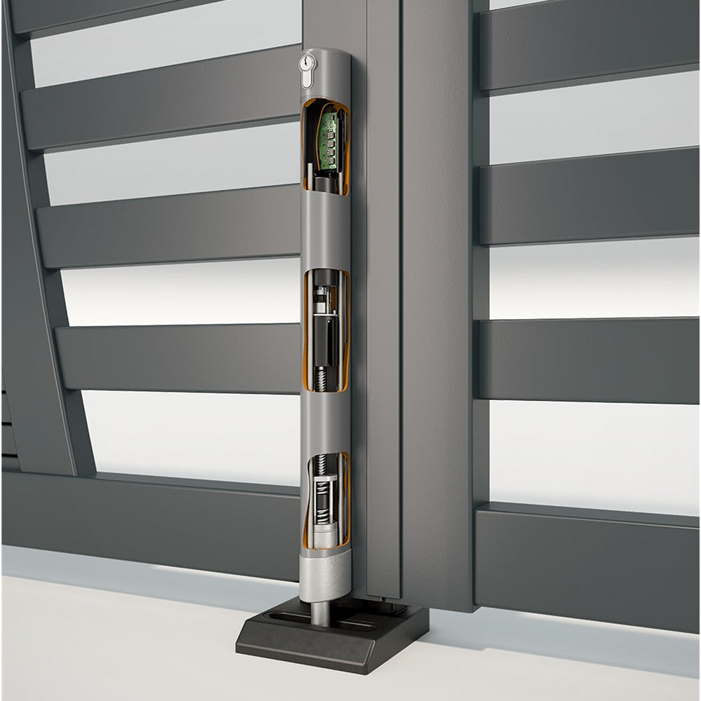 Locinox  ELECTRADROP Electric Drop Bolt, shown on a gate, chassis exposed