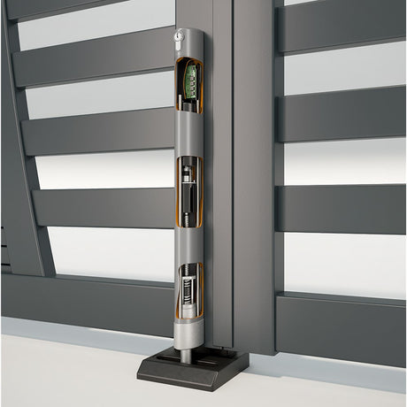 Locinox  ELECTRADROP Electric Drop Bolt, shown on a gate, chassis exposed