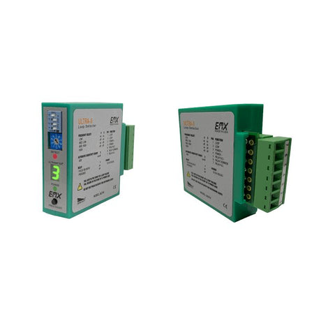 EMX ULTRA II Plug In Loop Detector shown front and back of unit